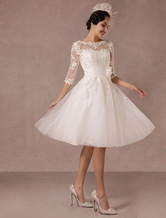 Короткое свадебное платье Винтажное кружевное платье с аппликацией и длинными рукавами длиной до колена Тюлевое свадебное платье трапециевидной формы с цветочным поясом