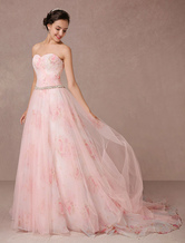 Vestido de novia rosa de línea A Con cola sin tirantes con escote palabra de honor sin mangas de red 