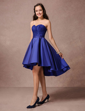 Blue Prom Dress 2024 Short Satin Homecoming Dress Strapless Backless High Low Cocktail Dress