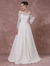 Mariage robe dos nu longue en dentelle manches robe de mariée a-ligne-parole longueur robe de mariée luxe