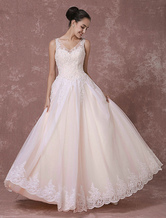 Champagne vestido sin espalda Vestido de novia palabra de longitud rebordear vestido lujo nupcial vestido de novia encaje