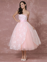 Erröten Kleid kurze Spitze Brautkleid rosa Ball Kleid Tüll Sweetheart rückenfreie trägerlosen Tee-Länge Vintage Braut Brautkleid Milanoo