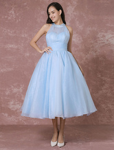Blaue Hochzeitskleid kurze Tüll Vintage Brautkleid Neckholder rückenfreie Ball Kleid Cocktailkleid Tee-Länge Partykleid Milanoo