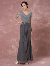 Maxi Lace Mother Dress Grey Chiffon Evening Dress Sheath V-back Beading Wedding Party Dress Wedding Guest Dress