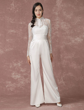 Lace Wedding Jumpsuits Long Sleeves Bridal Wedding Pants Back Illusion Satin A-line Culottes Bridal Dress Milanoo Free Customization