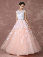 Vestido de novia rosa de línea A hasta el suelo sin tirantes con escote redondo con manga corta Sin espaldo 