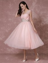 Boda vestido de novia color rosa corto sin espalda-Vestido de noche vestido de Cóctel de Tul Milanoo
