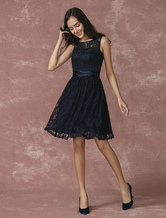 Lace Cocktail Dress A Line Backless Short Prom Dress Knee Length Bridesmaid Dress In Dark Navy With Satin Sash Wedding Guest Dress Free Customization
