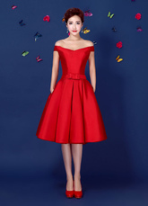 Red Satin Cocktail Dress Off The Shoulder Homecoming Dress A Line Lace Up Knee Length Party Dress With Bow Sash wedding guest dress