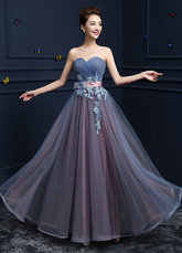 Evening Strapless Tulle Prom A Line Floor Length Lace Up Applique Sash Guest Dress Free Customization