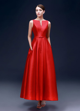 Red Evening Dresses Satin A Line Party Dresses Ankle Length Backless Notched Neckline Prom Dresses