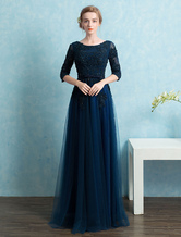 Lace Evening Dresses Tull A Line Floor Length Mother Of The Bride Dresses Backless Beading Applique Half Sleeve Belted Wedding Guest Dresses wedding guest dress