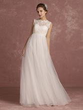 Boho Summer Wedding Dresses 2024 Lace Empire Waist Illusion Sleeveless Round Neck A-Line Floor Length Bridal Dress Free Customization