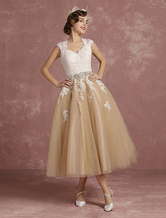 Vintage Wedding Dress Short Champagne Lace Applique Bridal Gown Queen Anne Neck Keyhole Bridal Dress Tea Length Milanoo