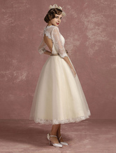 Vintage Wedding Dress Short Lace Tulle Bridal Dress Half Sleeve V Neck Backless A Line Flower Sash Tea Length Bridal Gown Milanoo Free Customization