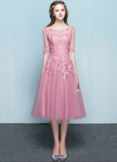 Pink Homecoming Dress 2021 Tulle Prom Dress Lace Applique Illusion Neckline Half Sleeve A Line Tea Length Graduation Dress