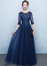 Blue Prom Dress 2024 Long Lace Applique Evening Dress Tulle Dark Navy Sash Floor Length Party Dress wedding guest dress
