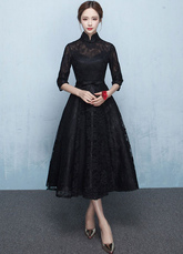 Black Mother's Dress Lace Prom Dress Mandarin Collar Half Sleeve Sash A Line Tea Length Wedding Guest Dresses