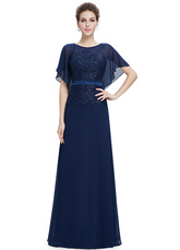 Chiffon Evening Dresses Lace Applique Mother Of The Bride Dresses Dark Navy Batwing Short Sleeve A Line Floor Length Party Dresses With Sash