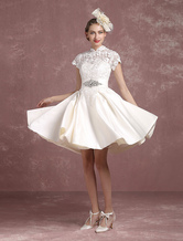 Short Wedding Dress Vintage Lace Bridal Gown Mandarin Collar Satin Backless Short Sleeve Knee Length Bridal Dress Milanoo
