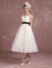 Summer Wedding Dresses 2024 Lace Vintage Ivory Bridal Gown Spaghetti Strap Beading Backless Tea Length Princess Bridal Dress With Ribbon Sash Milanoo
