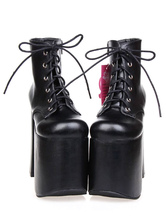 Black Lolita Booties Chunky Heel Platform Round Toe Lace Up Lolita Short Boots