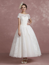 Brautkleider Vintage Prinzessin Elfenbeinfarbe mit Bateau-Kragen Hochzeitskleid Vintage Spitze Kurzarm wadenlang Hochzeit