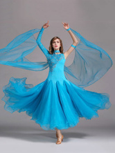 Dança de salão vestido azul de céu claro tule uma manga traje de dança de salão