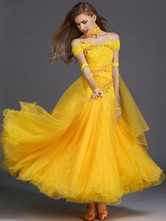 Dança de salão vestido amarelo de tule plissado fora o traje de dança de salão do ombro