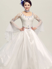 Ballroom Dance Dress White Tulle Illusion Long Bell Sleeve Ballroom Dancing Costume