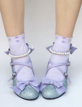 Sweet Lolita Shoes Lilac Glitter Pearl Bow Cross Front Heeled Lolita Pumps