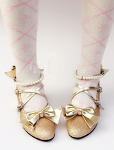 Sweet Lolita Shoes Gold Glitter Pearl Bow Cross Front Heeled Lolita Pumps