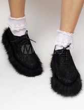 Sweet Lolita Shoes Black Lace Up Faux Fur Sole Lolita Pumps