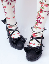 Sweet Lolita Shoes Black Glitter Pearl Bow Cross Front Heeled Lolita Pumps