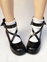Lolita sapatos para street wear 2.6" com laço dedo do pé quadrado PU de PU pretos 