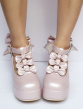 Lolita Chaussures sublimes rose nacré avec noeud à talons compensésstreet style  Déguisements Halloween