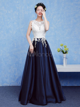 Blue Prom Dress 2024 Long Illusion Neckline Beading Evening Dress Lace Pleated Floor Length Party Dress