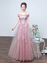 Pink Prom Dress Long Tulle Off The Shoulder Lace Applique Ankle Length Occasion Dress