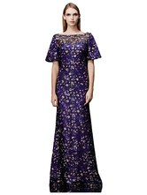 Sequin Evening Dress Bateau Mermaid Mother's Dress Purple Bell Half Sleeve Floor Length Party Dress