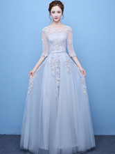 Light Grey Prom Dress Lace Applique Tulle Illusion Half Sleeve Floor Length Party Dress