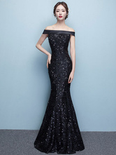 Black Evening Dress Lace Sequin Bateau Mermaid Formal Dress Off The Shoulder Floor Length Occasion Dress Wedding Guest Dress