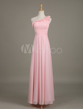 Blush Bridesmaid Dress One Shoulder Flower Chiffon Ruched A Line Maxi Wedding Party Dress