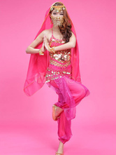 La danse du ventre Costume mousseline de soie Rose haut perlé avec des pantalons et costumes de danse Bollywood voile Déguisements Halloween