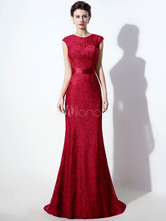 Lace Mother Dress Burgundy Mermaid Evening Dress Cutout Back Beading Sash Party Dress With Train