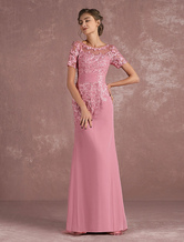Abbigliamento per la madre della sposa a sirena rosa Cameo pizzo mit Schleppe con scollo tondo maniche corte zip 