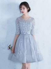 Light Grey Illusion Lace Applique Homecoming Dress 2024 Jewel Half Sleeve Bow Sash A Line Short Cocktail Dress