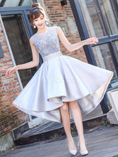 Satin Prom Dress Lace Applique High Low Cocktail Dress Jewel Sleeveless Pleated A Line Homecoming Dress