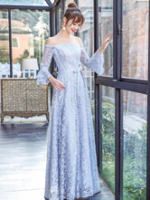 Lace Prom Dress A Line Bow Sash Evening Dress Light Grey Off The Shoulder Bell 3/4 Length Sleeve Bow Sash Floor Length Party Dress