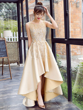 Satin Prom Dress Lace Applique High Low Evening Dress Light Gold Jewel Sleeveless Pleated Party Dress