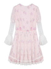 Sweet Lolita Dress OP Chiffon Pink Long Sleeve Floral Printed Lolita ...